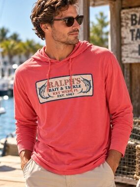 Polo Ralph Lauren Ralph’s Bait & Tackle Key West Hooded Shirt M Coral